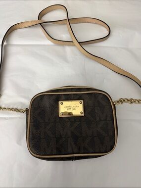 Michael Kors Mini Dark Brown Logo Crossbody with Beige Trim